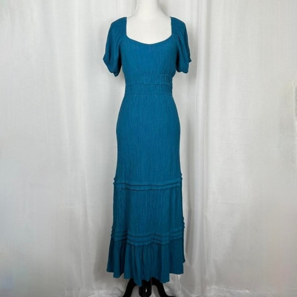 Max + Ash Tiered Midi Dress Juniors M Teal Regency‎ Milkmaid Cottage Crinkled